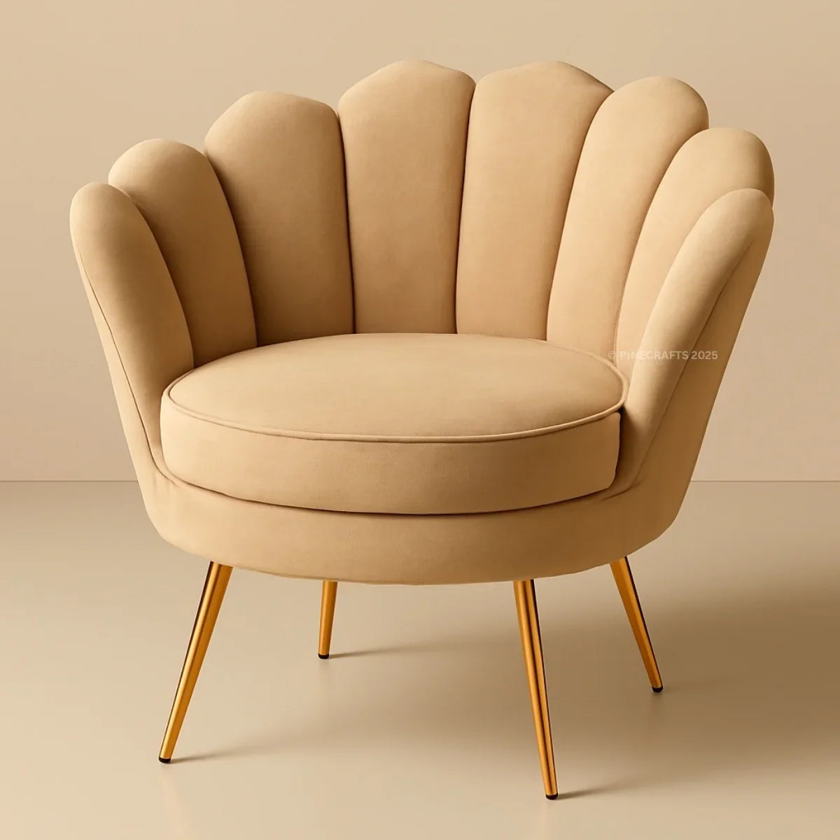 Beige armchair with scalloped backrest on a beige background